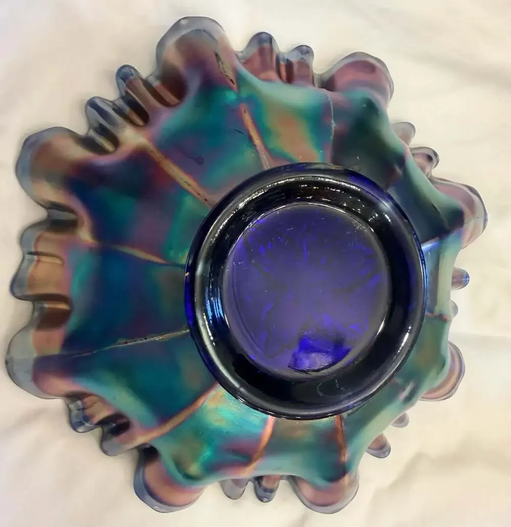 Fenton Cobalt Blue Carnival Glass Grape and Cable Pattern Ruffled Bowl